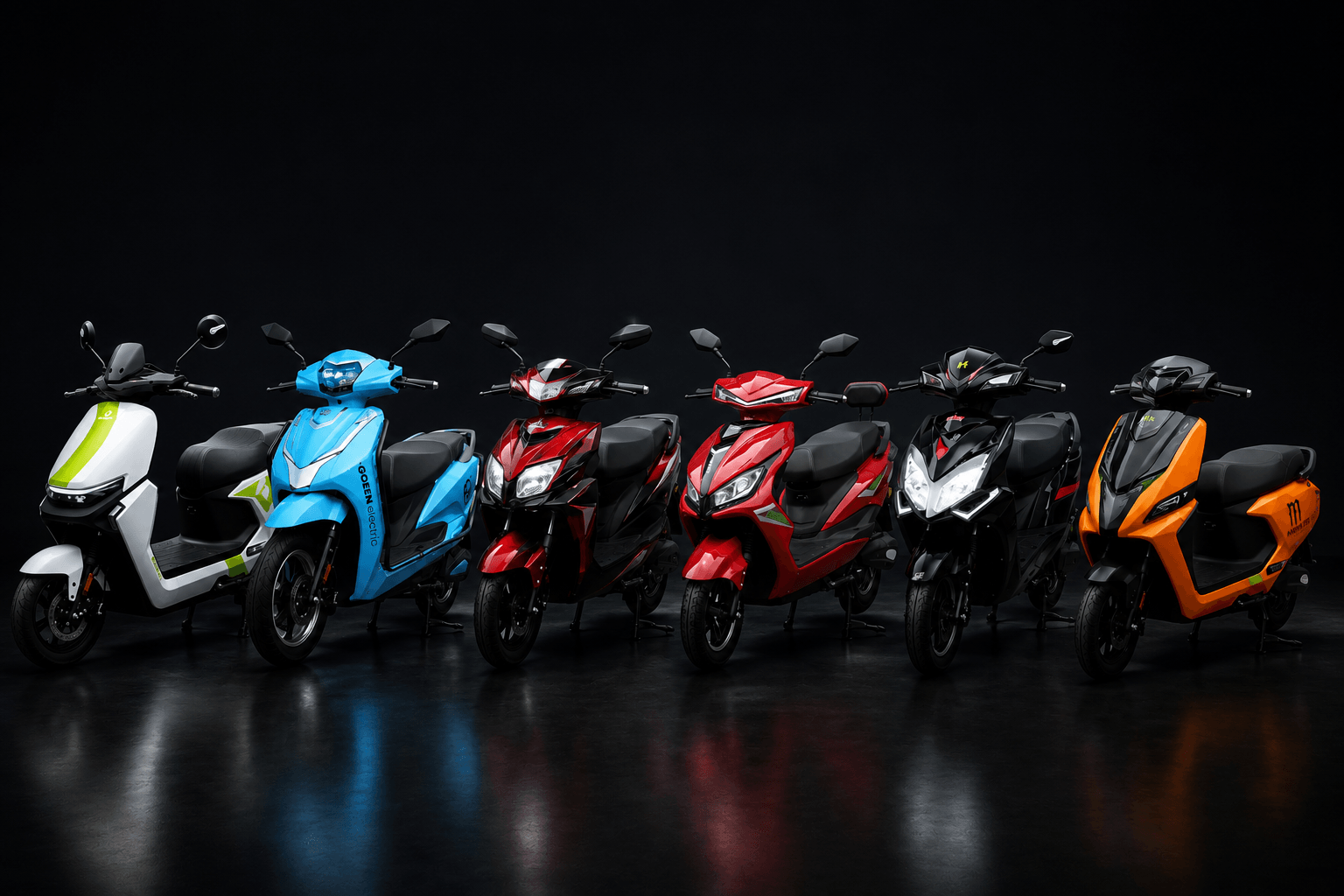 The full lineup of electric scooters stocked at The EV World, lit in a dark studio