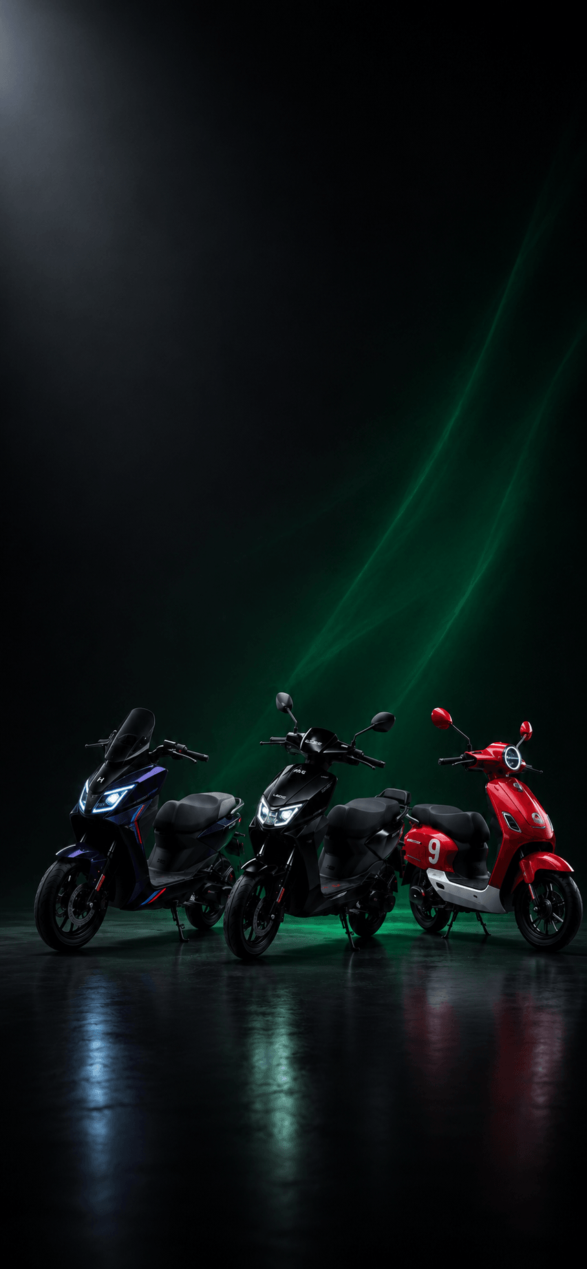 The EV World showroom lineup — three electric scooters lit in a dark studio