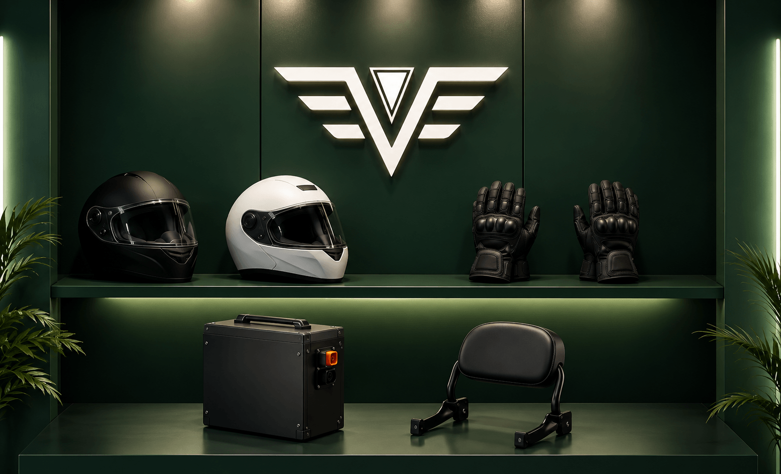Helmets, riding gloves, a portable battery and a backrest on display at The EV World