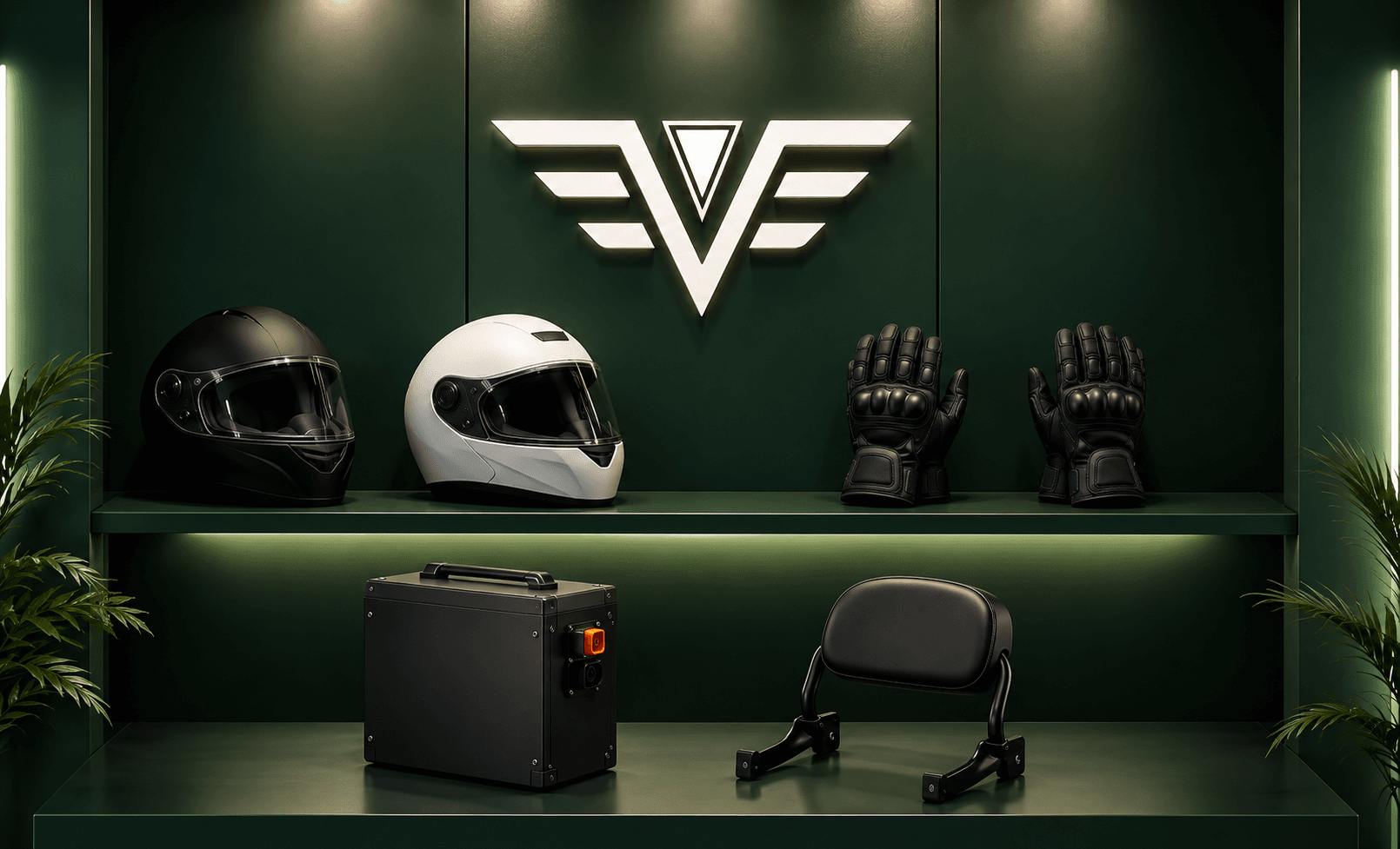 Helmets, riding gloves, backrests and batteries on display at The EV World