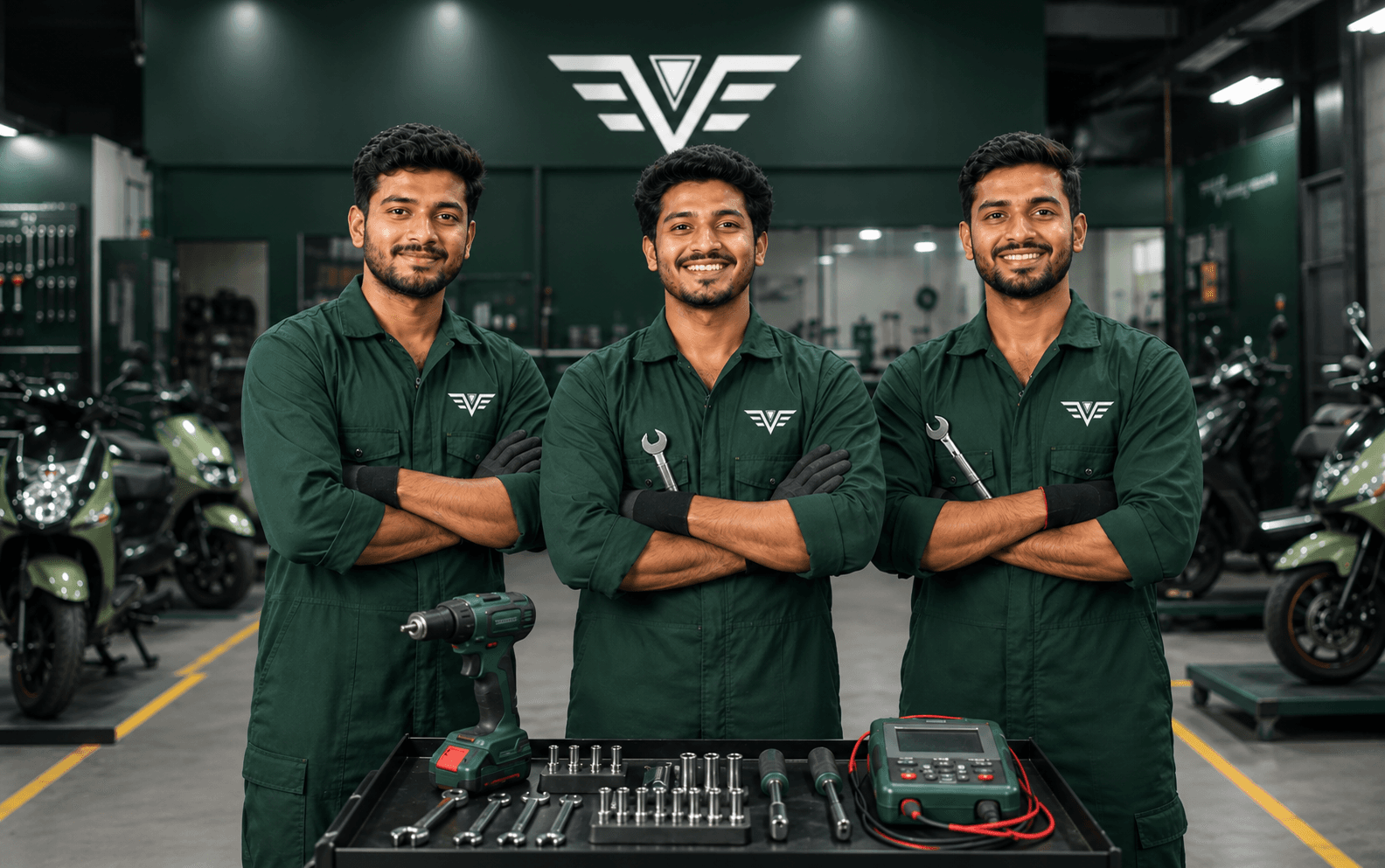 The EV World service technicians with diagnostic and repair tools in the workshop
